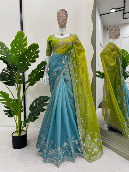 MEENA - Green x Blue Georgette Saree