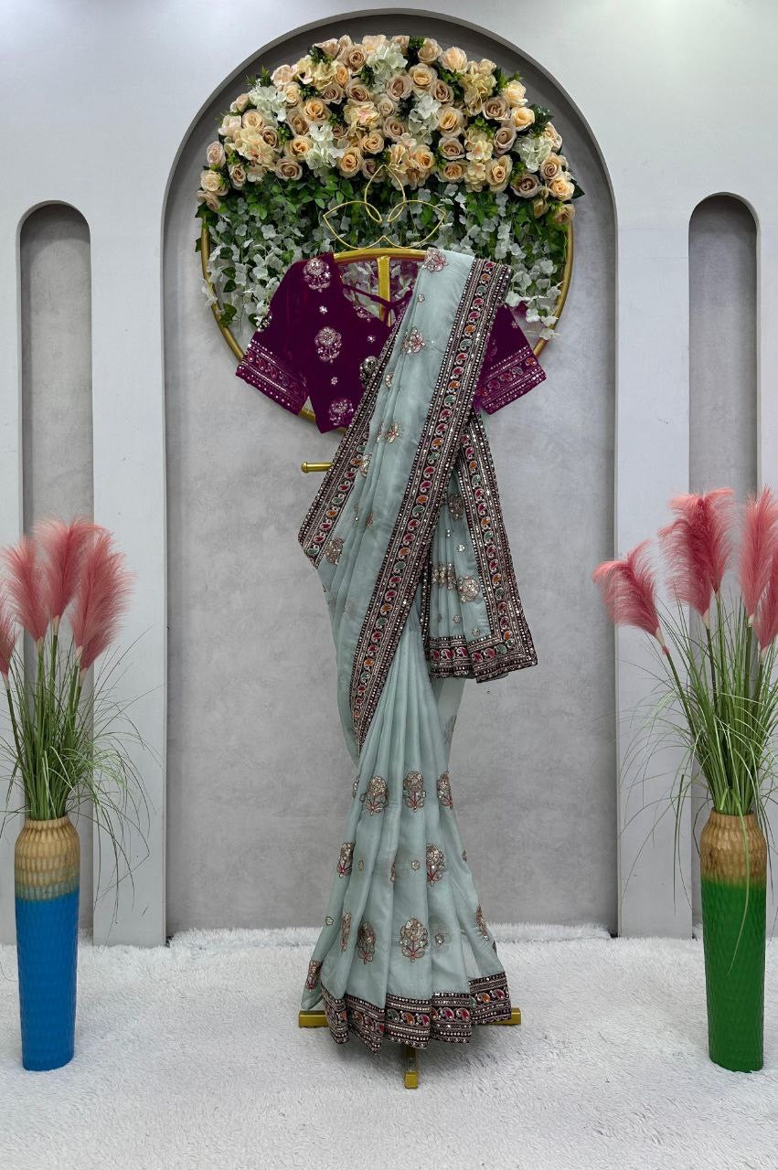 AYLA - Designer Georgette Silk Saree with Stunning Border x Designer Velvet Blouse