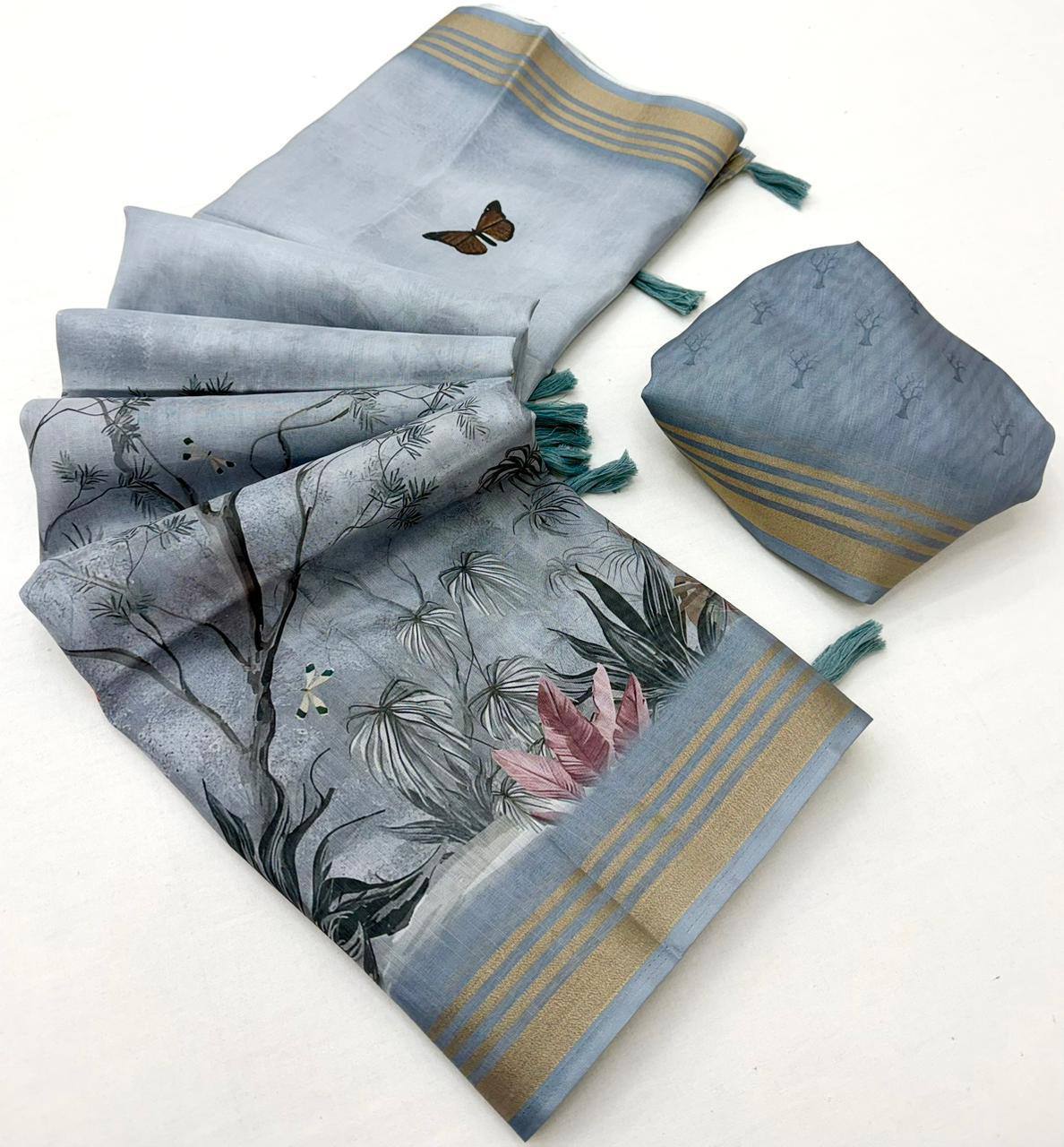 Laksharaa Sarees beautiful linen Saree Light Blue-Grey folded with blouse piece