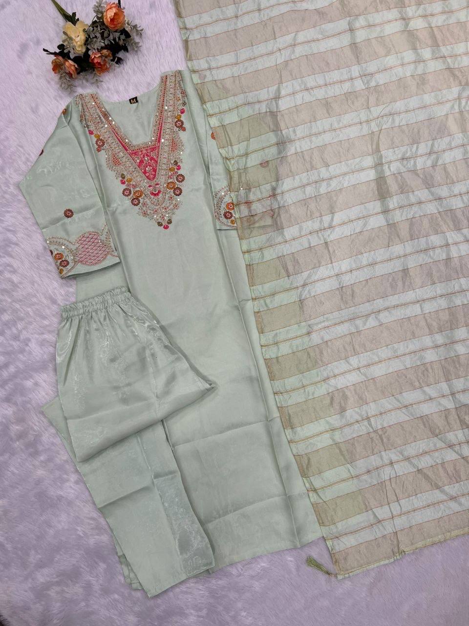 Laksharaa Sarees Embroidered Kurta Set Sage Green Full Flat Lay
