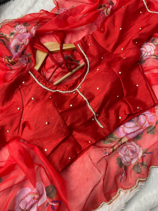 Red Rose Organza Saree paired with Readymade Blouse 🌹