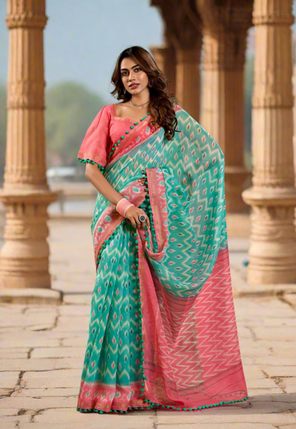 Colourful Mul Mul Cotton Saree x Pom Pom Border