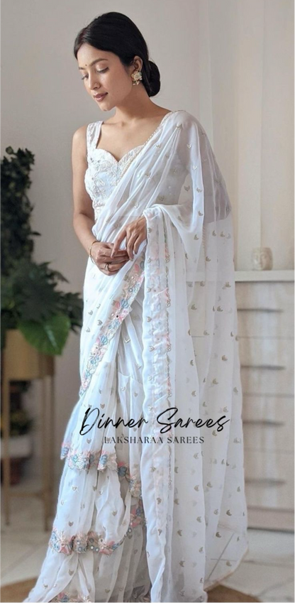 PRIYAA - White Ruffle x Pearl Border Georgette Saree