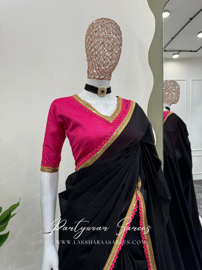 ISAI - Black Mul Cotton Saree x Pink Tassel Border