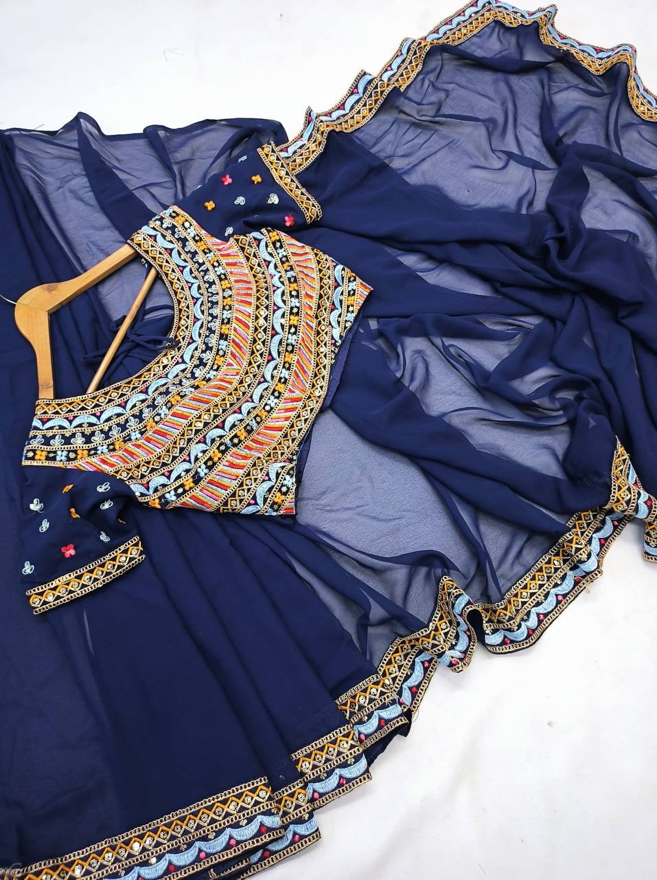 Navy Blue Readymade Saree x Stitched designer blouse