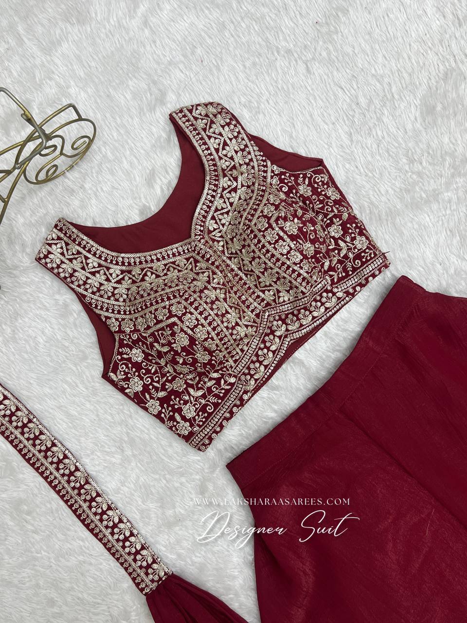 Laksharaa Sarees RAIZA - crop top Pallazo suit Burgundy embroidery detail