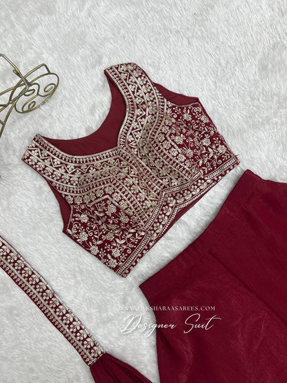 Laksharaa Sarees RAIZA - crop top Pallazo suit Burgundy embroidery detail