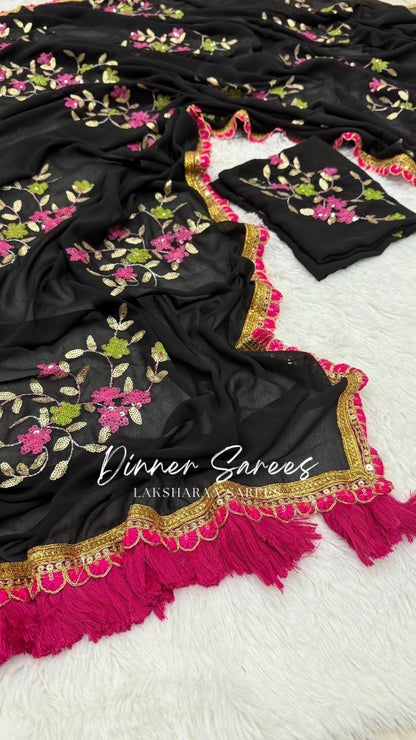 ISHTA - Floral Georgette Saree x Pink Tassel Border