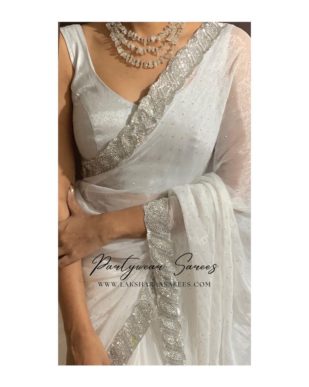 DREAMI - White Shimmer Silk Saree with Silver Jarkan Border