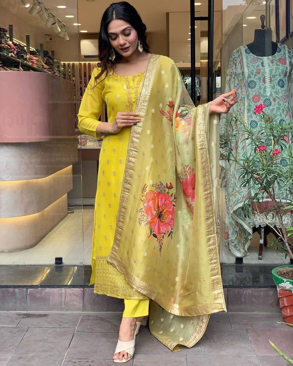 Yellow Floral Mustard Kurti Suit