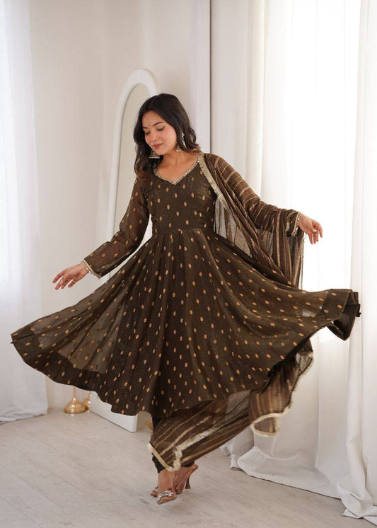 Laksharaa Sarees SHAKIRA — Crunchy Silk Anarkali Suit Dark Brown Twirling Pose