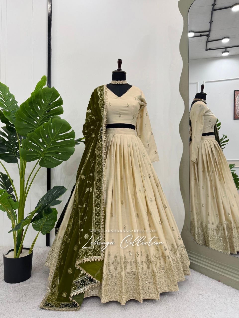 PRANAVI - Gold X Green Georgette Silk Lehenga