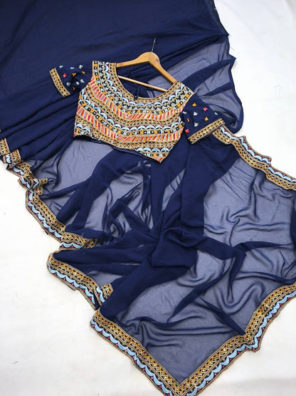 Navy Blue Readymade Saree x Stitched designer blouse