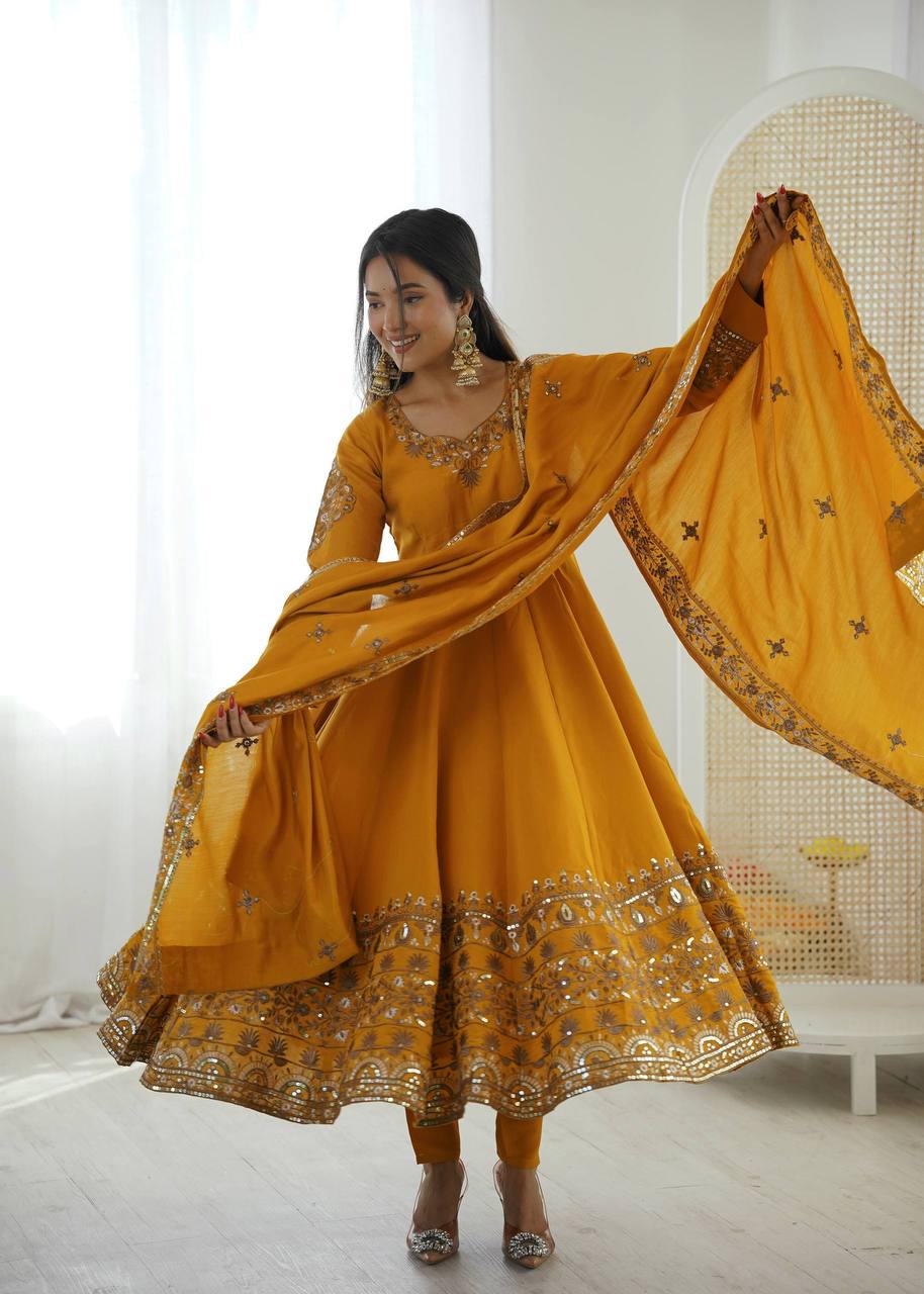 Laksharaa NAVIRA Roman Silk Anarkali Suit Mustard Yellow Twirling Pose