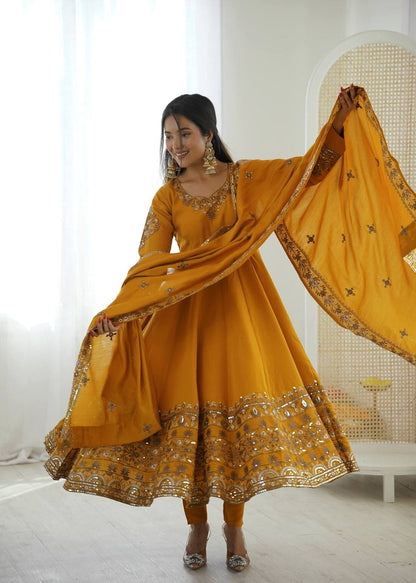 Laksharaa NAVIRA Roman Silk Anarkali Suit Mustard Yellow Twirling Pose
