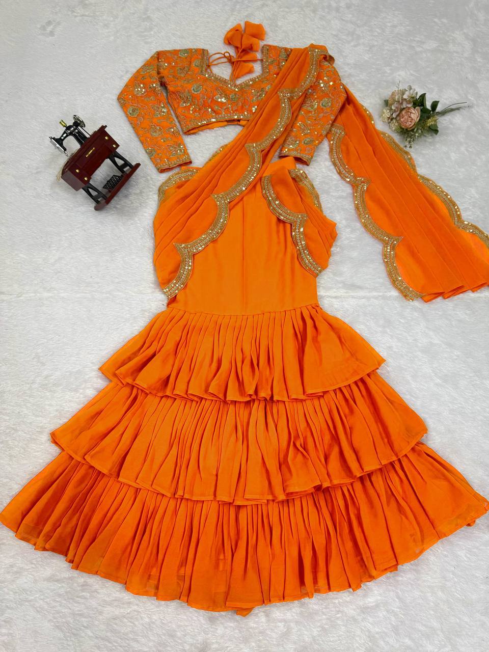 Laksharaa Sarees Georgette Ruffle Lehenga Orange