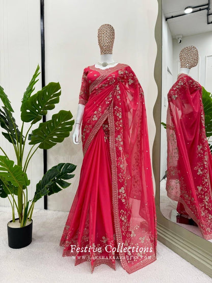 RADHIKA - Pink Partywear Georgette Saree x Beautiful Floral motif