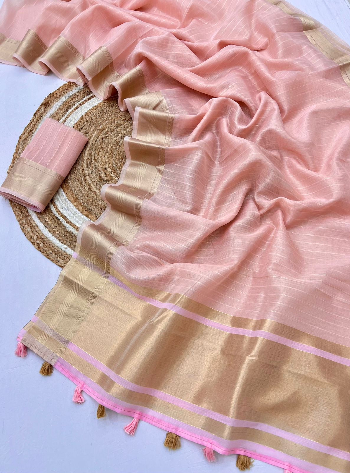 Pastel Kora Silk Saree x Gold Border & Tassel Border - Bridesmaid Special