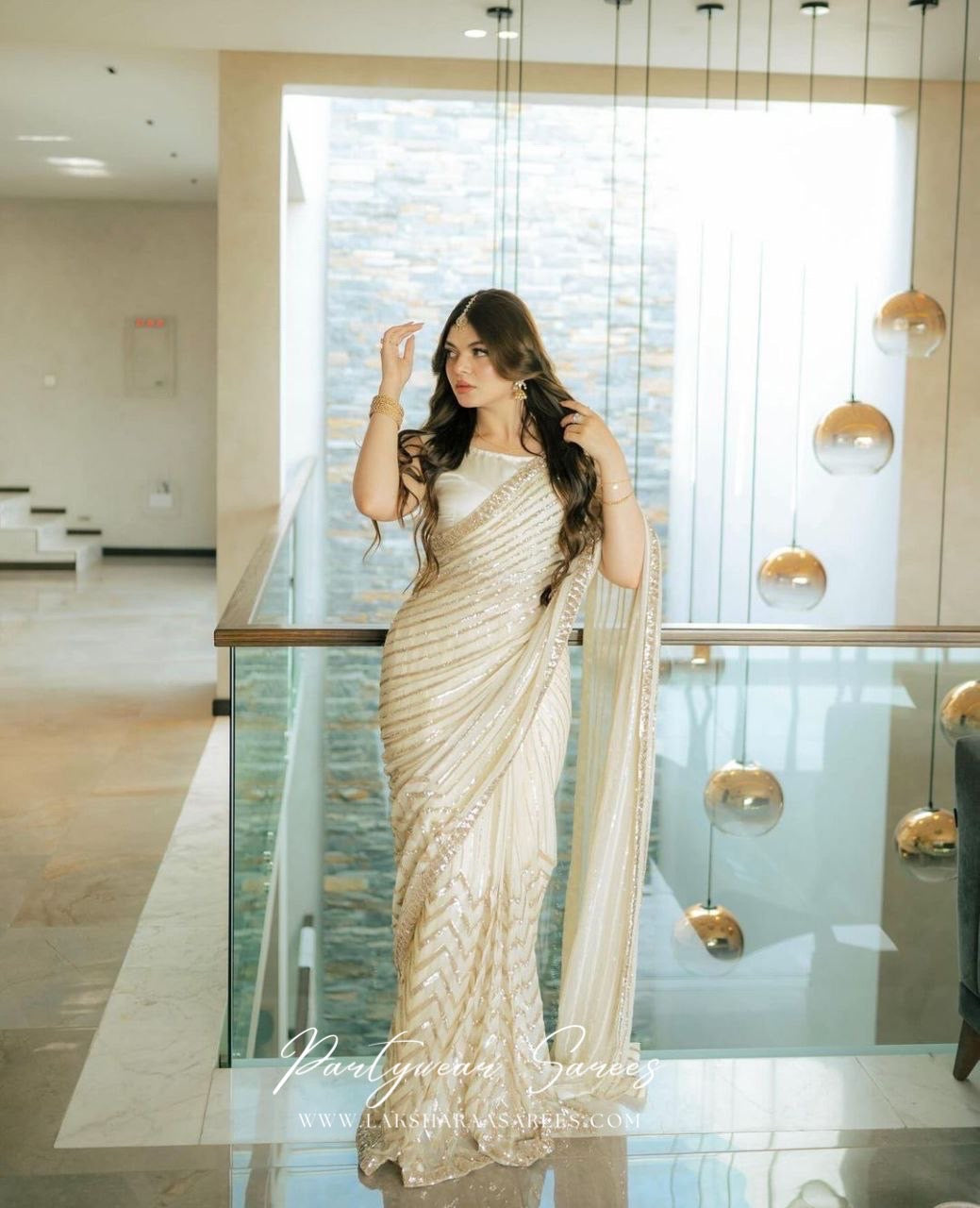 TIYAA - Beautiful White Georgette Partywear Sequinned Saree