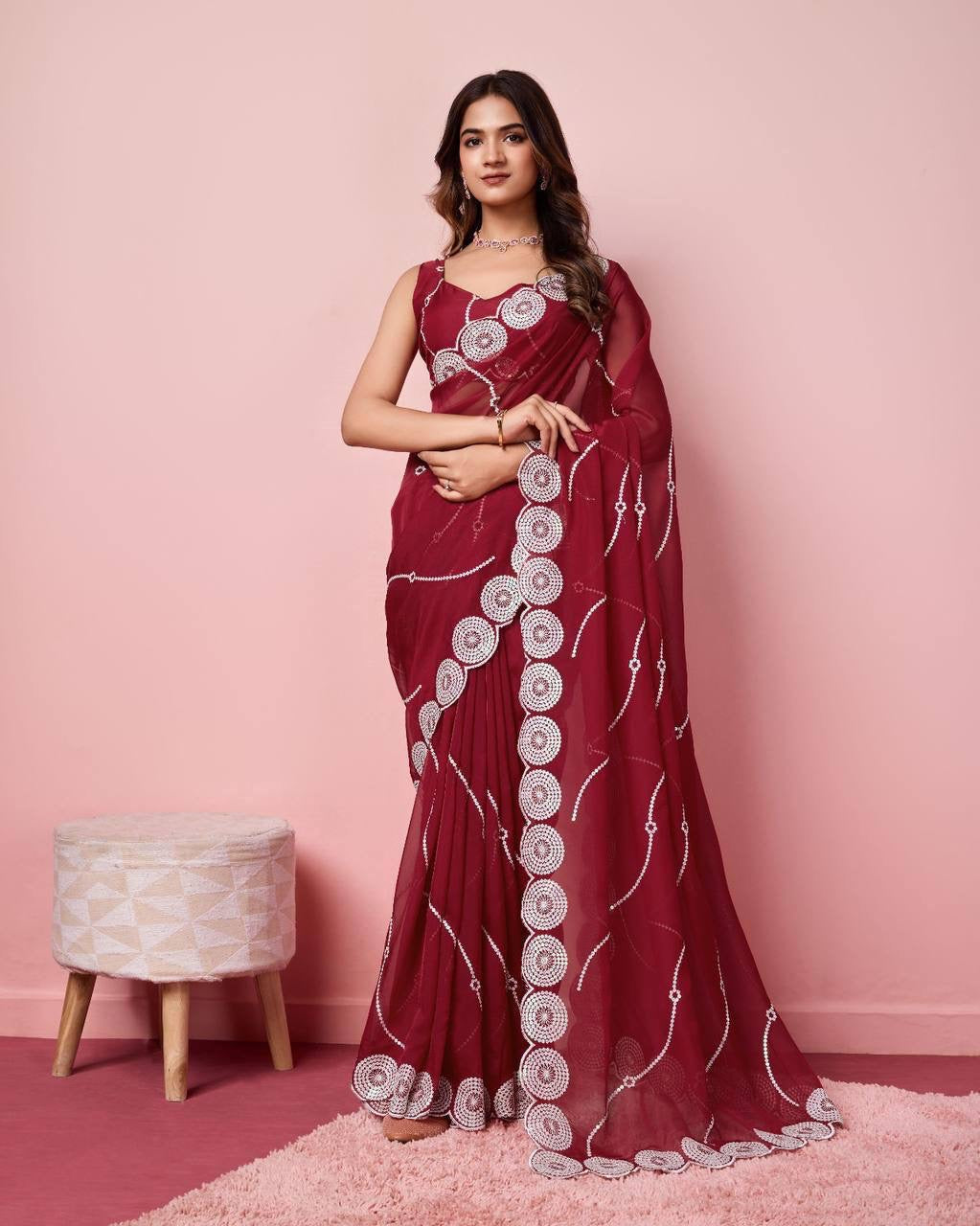 Partywear Readymade Georgette Saree - in soft shades