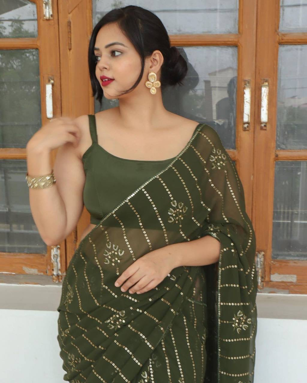 Olive Green Partywear Georgette Saree