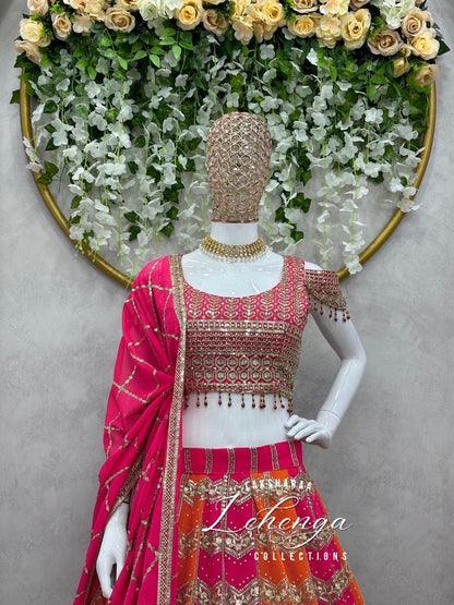 JUHI - Pink x Orange Multi Coloured lehenga