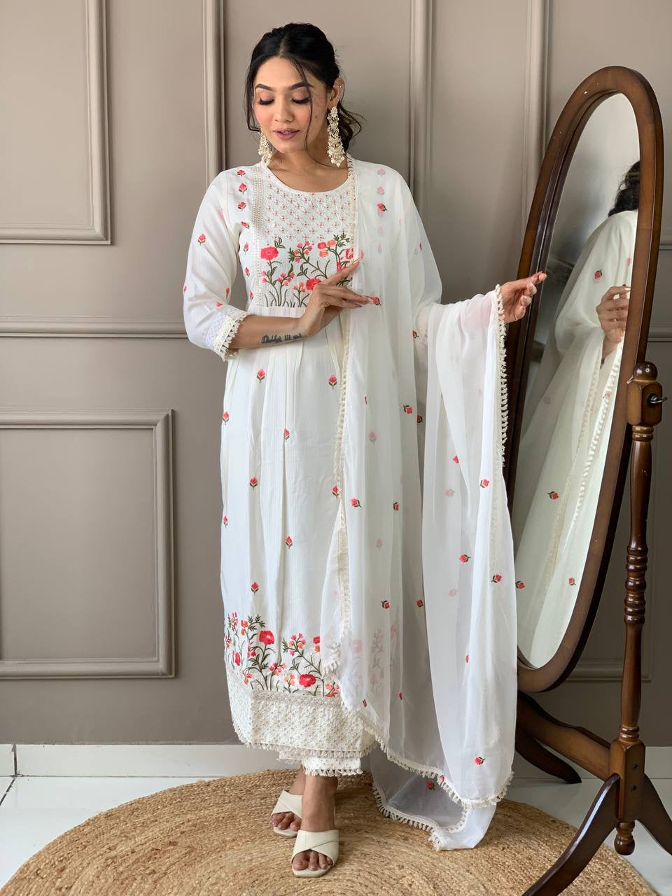 White Floral Kurti in Naira Cut Style