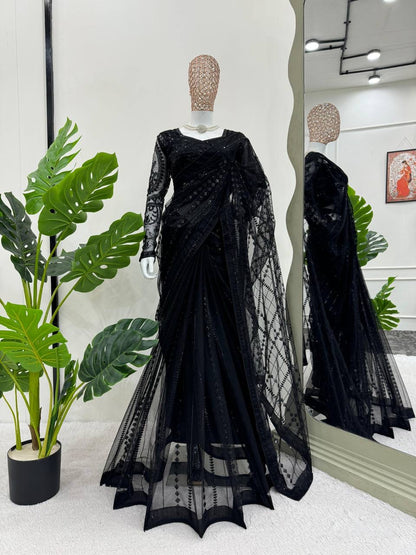 VALENTINA - Black Designer Georgette Net Partywear Saree