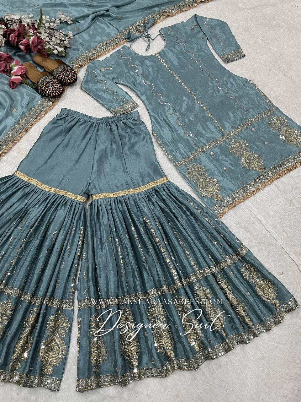 Laksharaa Sarees Abira Sharara Suit Dusty Blue Flat Lay Full Suit