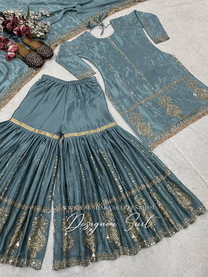 Laksharaa Sarees Abira Sharara Suit Dusty Blue Flat Lay Full Suit