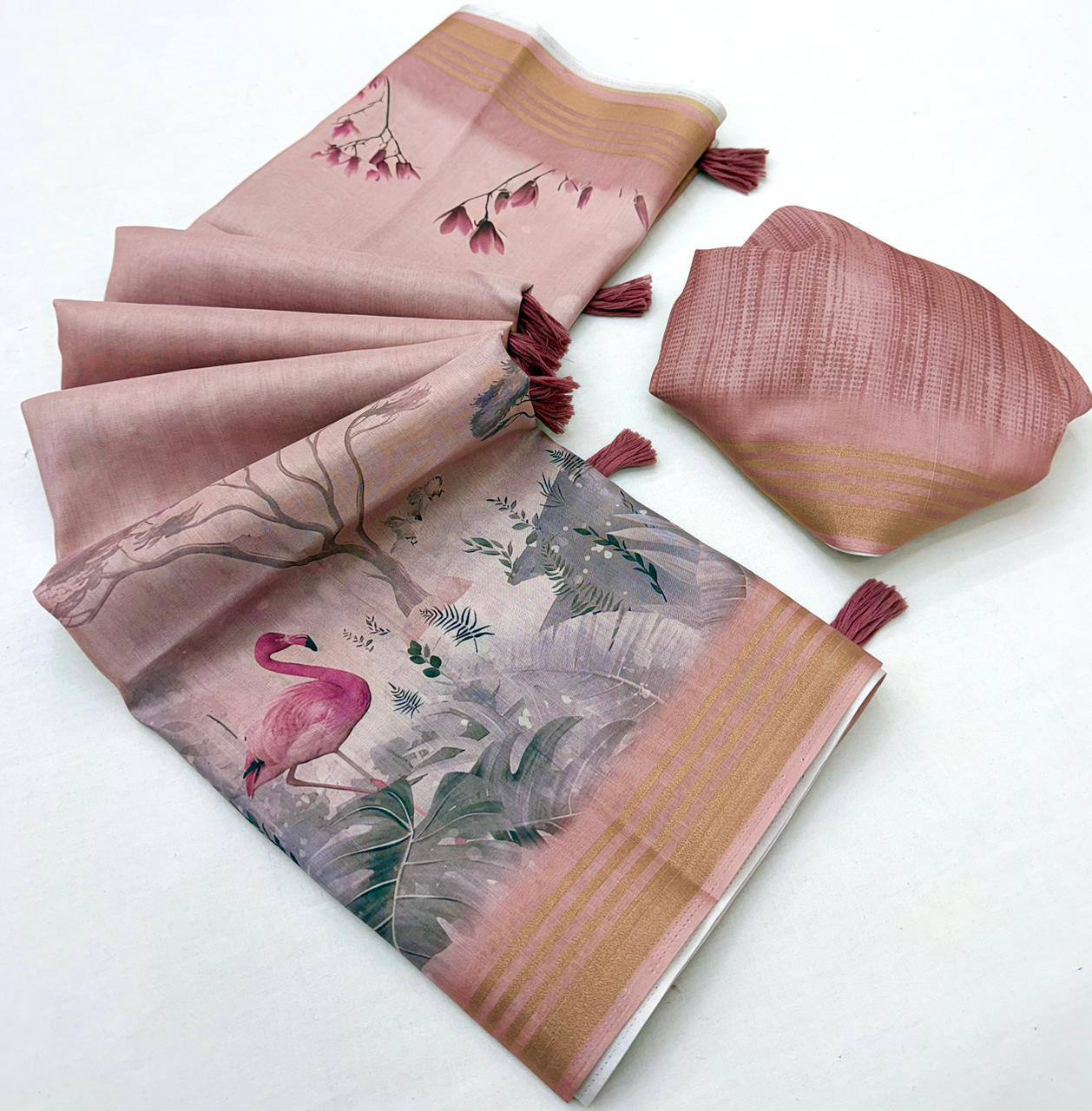 Laksharaa Sarees beautiful linen Saree Dusty Rose folded with blouse piece