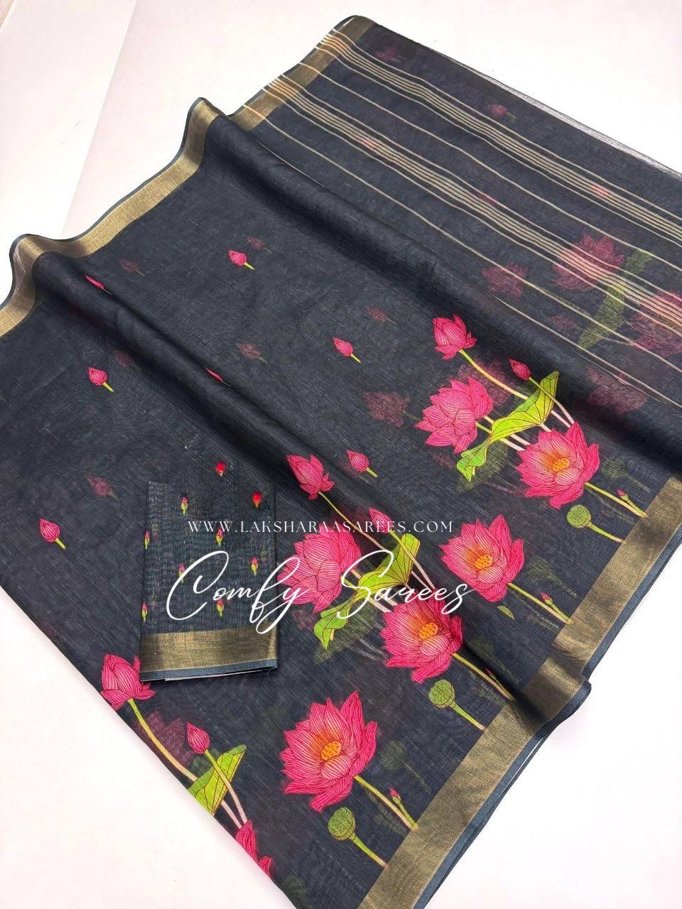 Laksharaa Sarees MINNAL - Floral Linen Saree Black