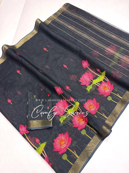 Laksharaa Sarees MINNAL - Floral Linen Saree Black