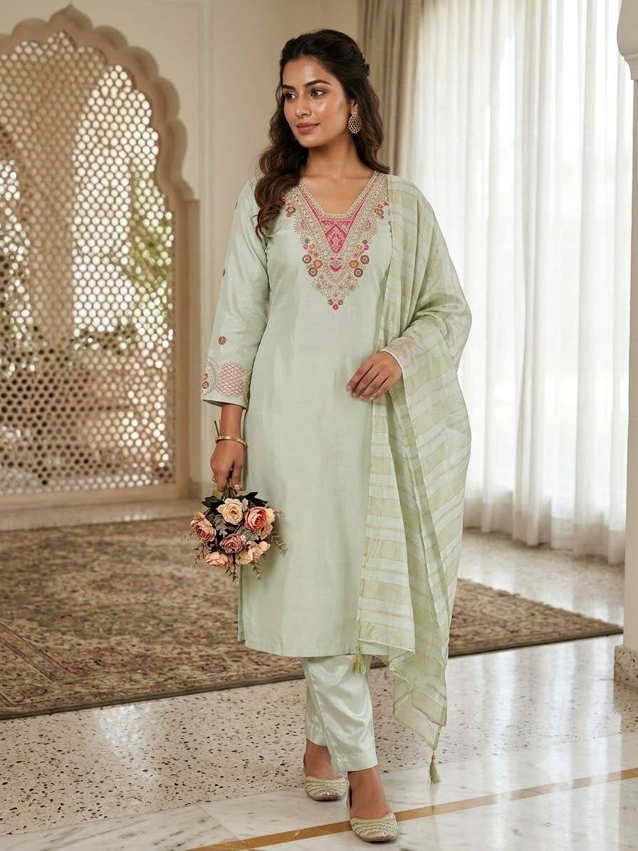 Laksharaa Sarees Embroidered Kurta Set Sage Green