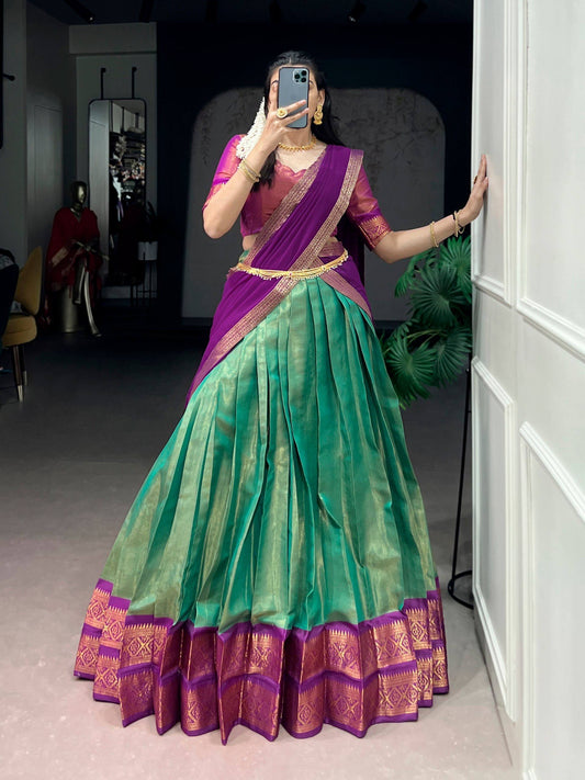 Laksharaa Sarees TARINI - Kanchi Cotton Silk Half Saree Lehenga Purple and Green