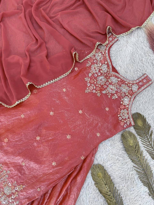 Laksharaa Sarees Shimmer Sharara Suit Coral Top and Dupatta Flat Lay