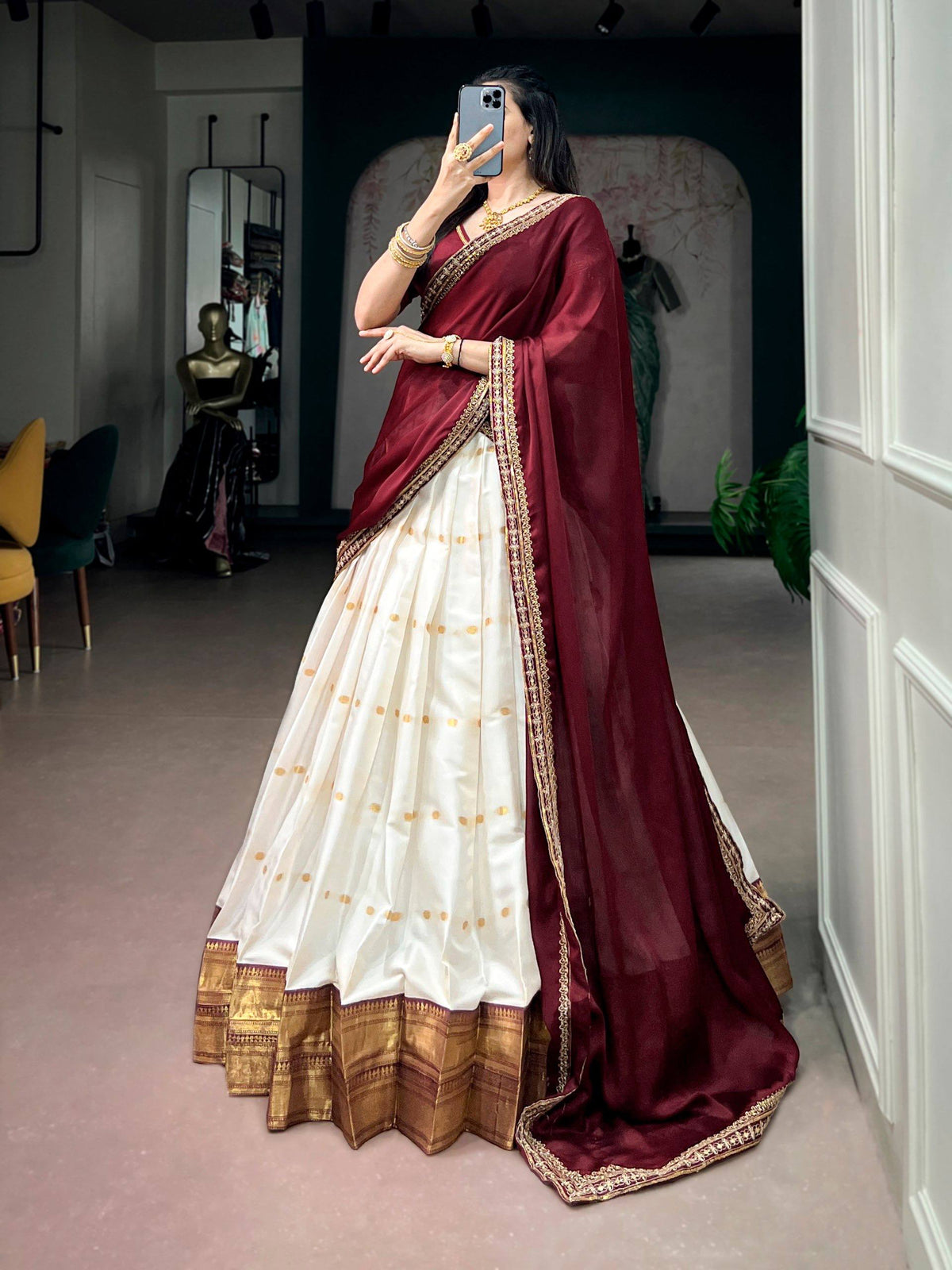 Laksharaa Sarees JALINI — Soft Cotton Maroon x White Half Saree Lehenga Posed View