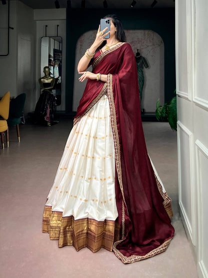 Laksharaa Sarees JALINI — Soft Cotton Maroon x White Half Saree Lehenga Posed View