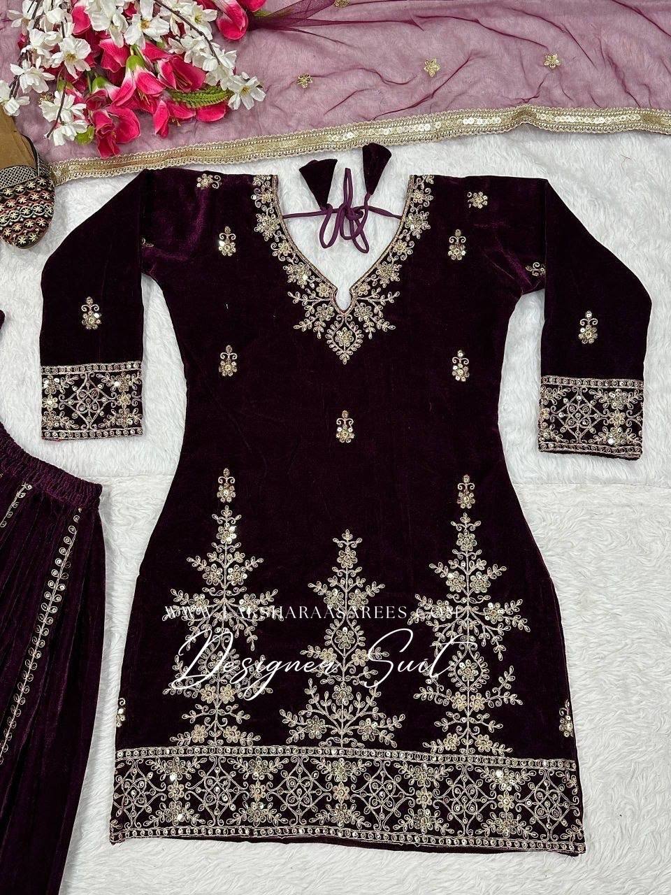 Laksharaa Sarees TABITHA velvet Sharara suit Top Burgundy flat lay detail