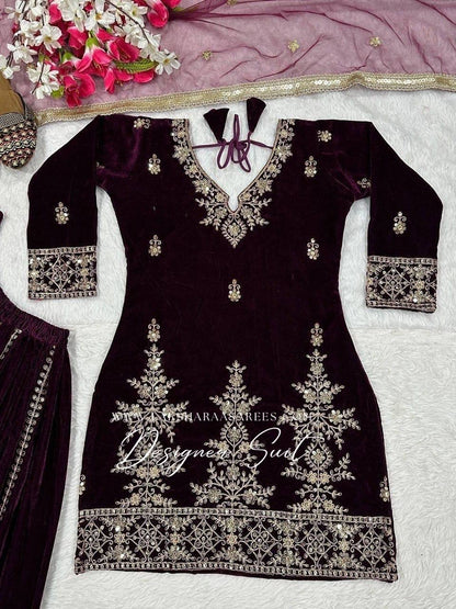 Laksharaa Sarees TABITHA velvet Sharara suit Top Burgundy flat lay detail