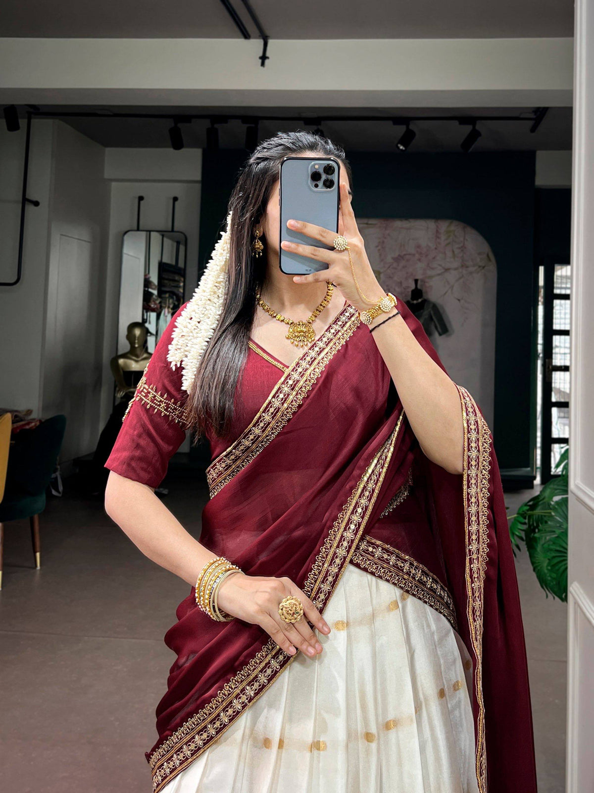 Laksharaa Sarees JALINI — Soft Cotton Maroon x White Half Saree Lehenga Front View