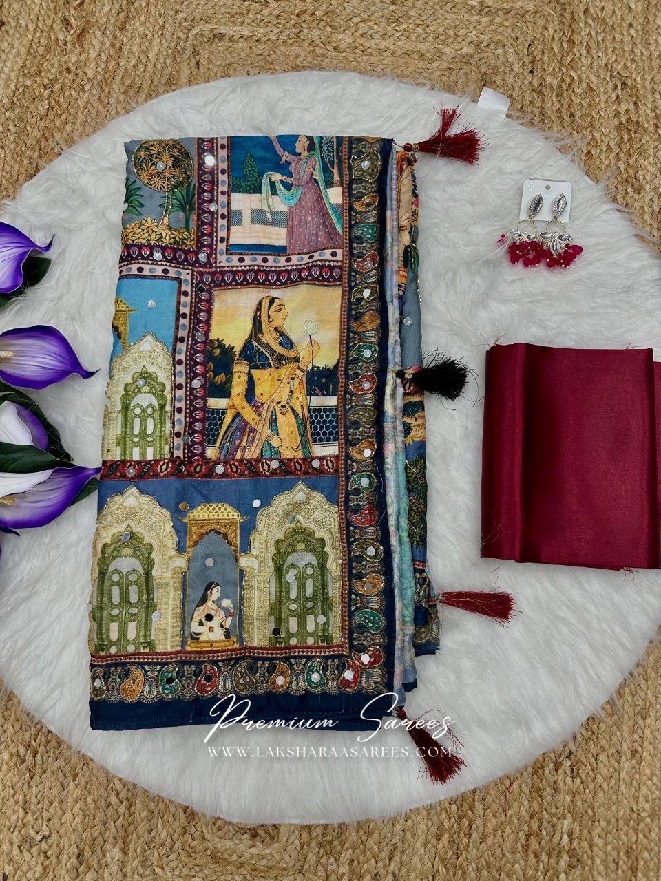 Laksharaa Sarees RAJVAARI - Mirrorwork Ajrakh Saree Multi-color Folded with Contrast Blouse