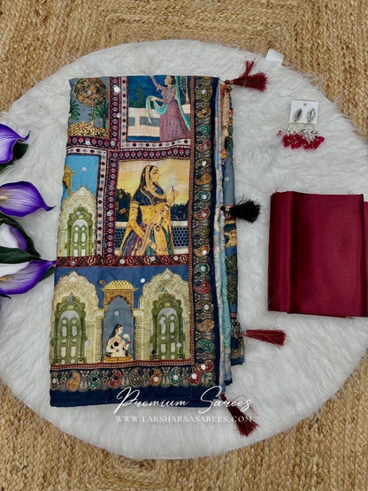 Laksharaa Sarees RAJVAARI - Mirrorwork Ajrakh Saree Multi-color Folded with Contrast Blouse
