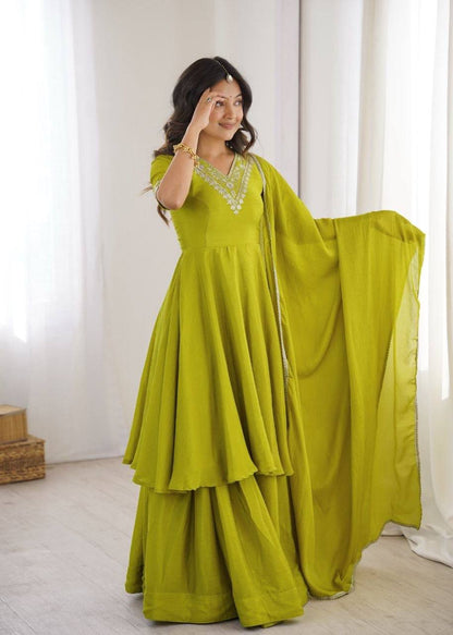 Laksharaa Sarees Chinnon Silk Peplum Suit Lime Green