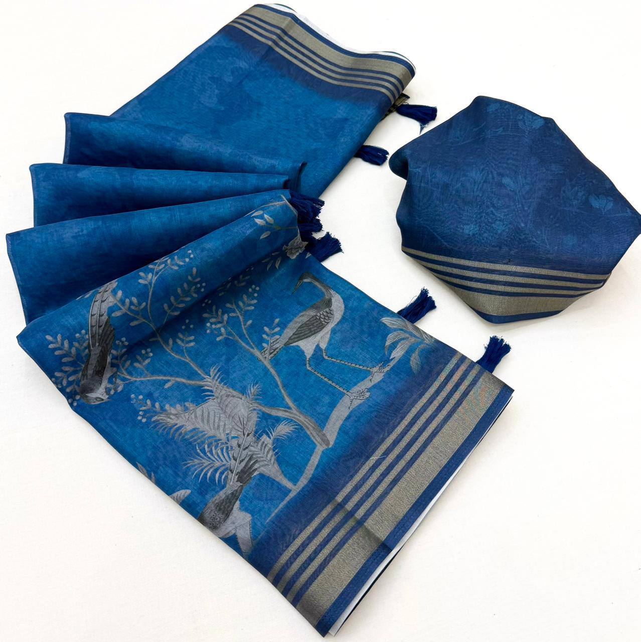Laksharaa Sarees beautiful linen Saree Royal Blue folded with blouse piece
