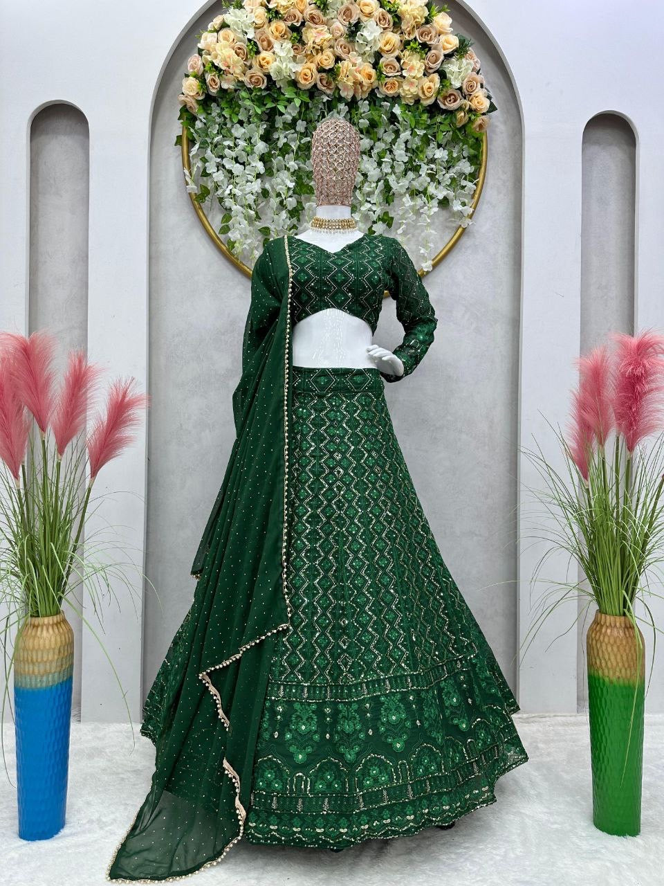 Dark Green Lucknowi Lehenga