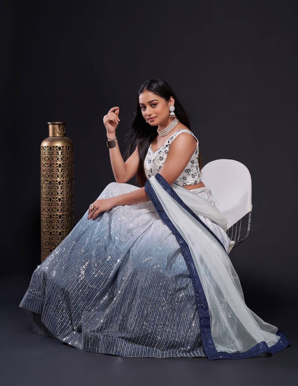 Florins White x Blue Ombré Floral Lehenga