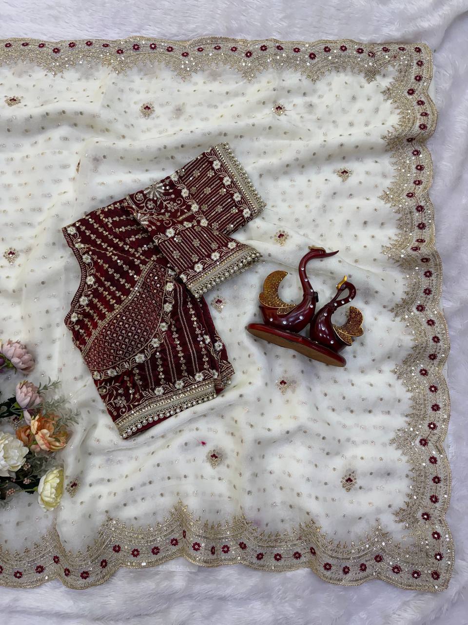 Laksharaa Sarees ZOELLA Grand zari Shimmer Saree Off-White with Burgundy Blouse