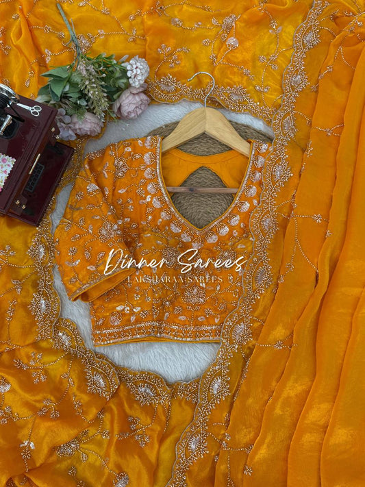 Laksharaa Sarees MEENA Designer Saree Mustard Yellow laid out with embroidered blouse and border