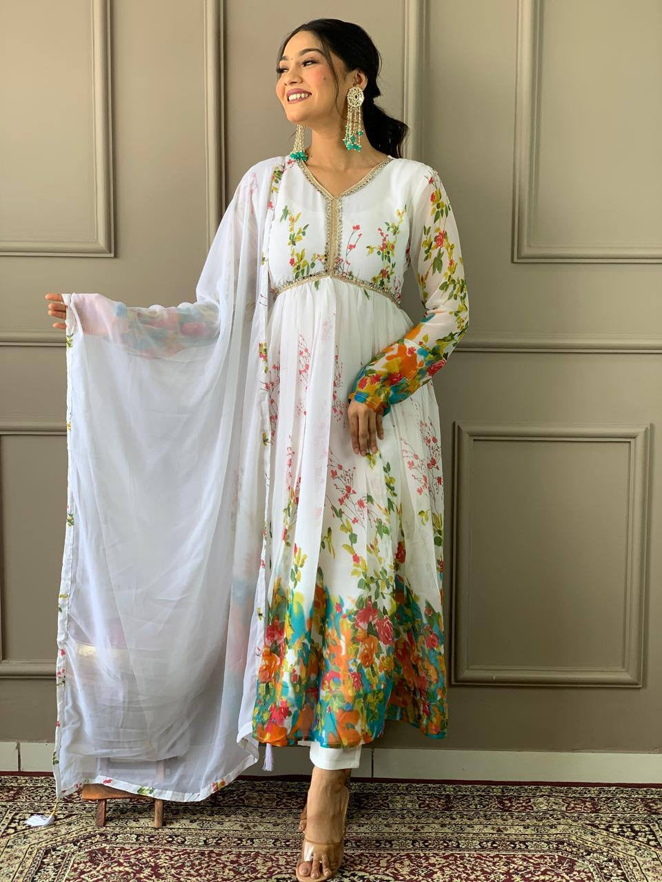 White x Floral Alia Cut Kurti Set